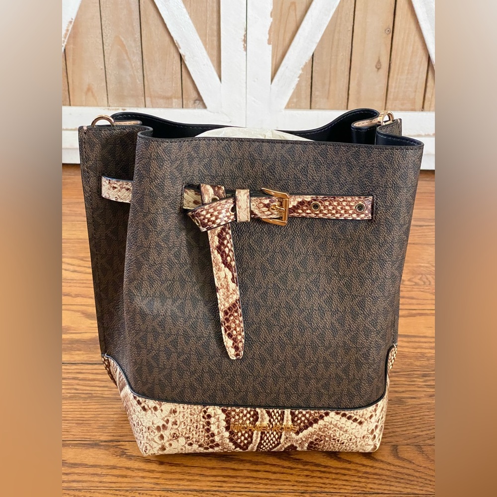 Michael Kors Brown Signature Crossbody with Snakeskin Trim